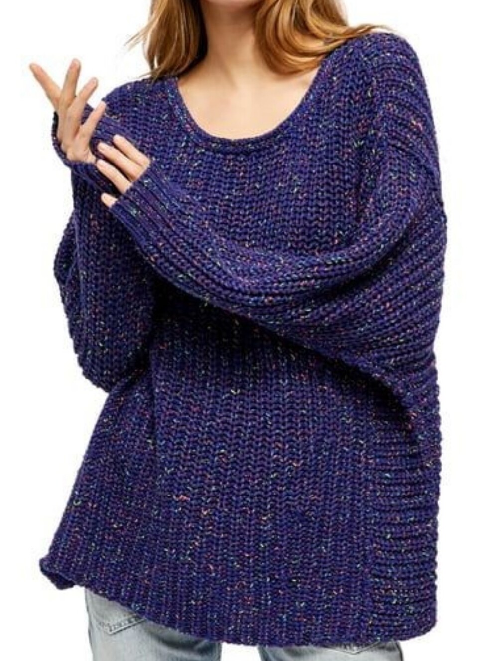 Free People Revolve Neon Lights Blue Confetti Speckle Rib Knit Oversized Sweater
